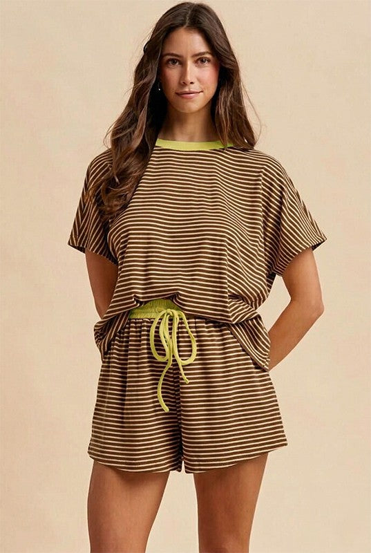 ANNIEWEAR Women's Set MOCHA/GOLD / S Loose Fit Striped Knit Top &amp; Mini Shorts Set 9278SMG