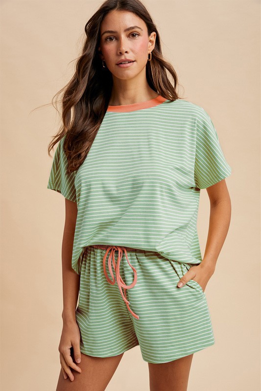 ANNIEWEAR Women's Set DENIM BLUE/TAUPE / S Loose Fit Striped Knit Top & Mini Shorts Set 9278DB