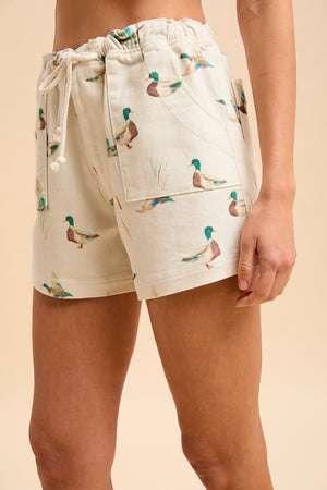ANNIEWEAR Women's Shorts Mallard Duck Print Drawstring Relaxed Fit Shorts