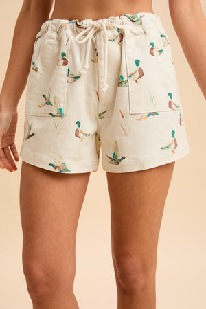 ANNIEWEAR Women's Shorts Mallard Duck Print Drawstring Relaxed Fit Shorts