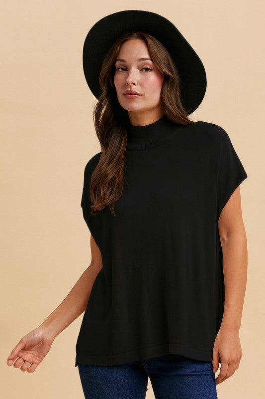 ANNIEWEAR Women's Sweaters BLACK / S/M Soft Wool Blend Mock Neck Short Sleeve Sweater ASW3501