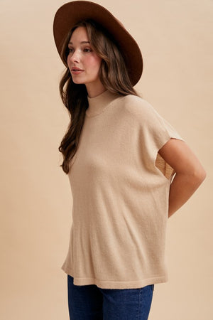 ANNIEWEAR Women's Sweaters Soft Wool Blend Mock Neck Short Sleeve Sweater