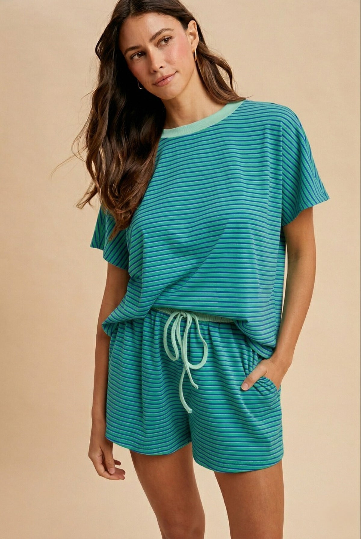 ANNIEWEAR Women's Top EMERALD/MINT / S Loose Fit Striped Knit Top & Mini Shorts Set 9278E