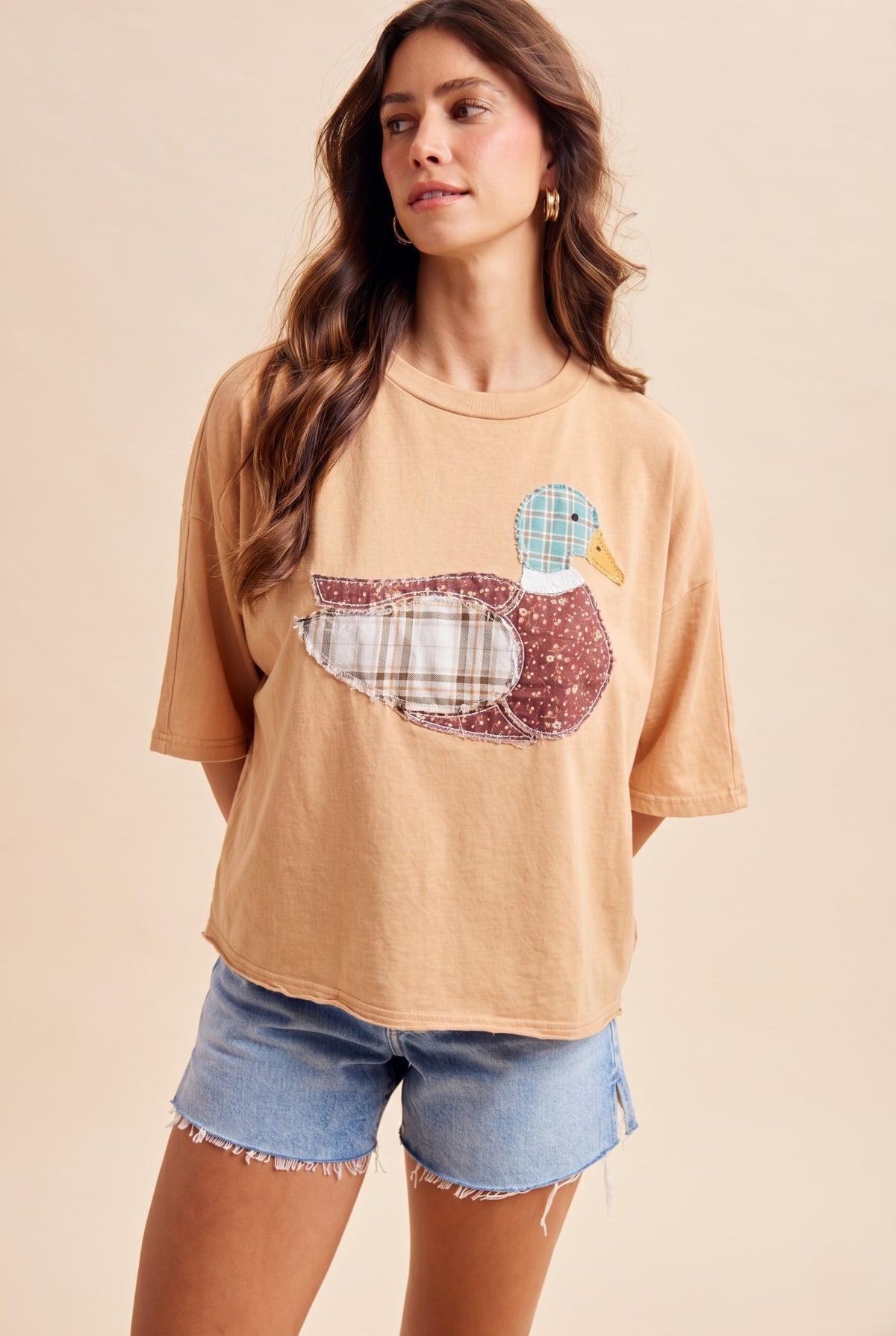 ANNIEWEAR Women's Top LATTE / S Mallard Duck Patchwork Dolman Sleeve Knit Top AT10343S