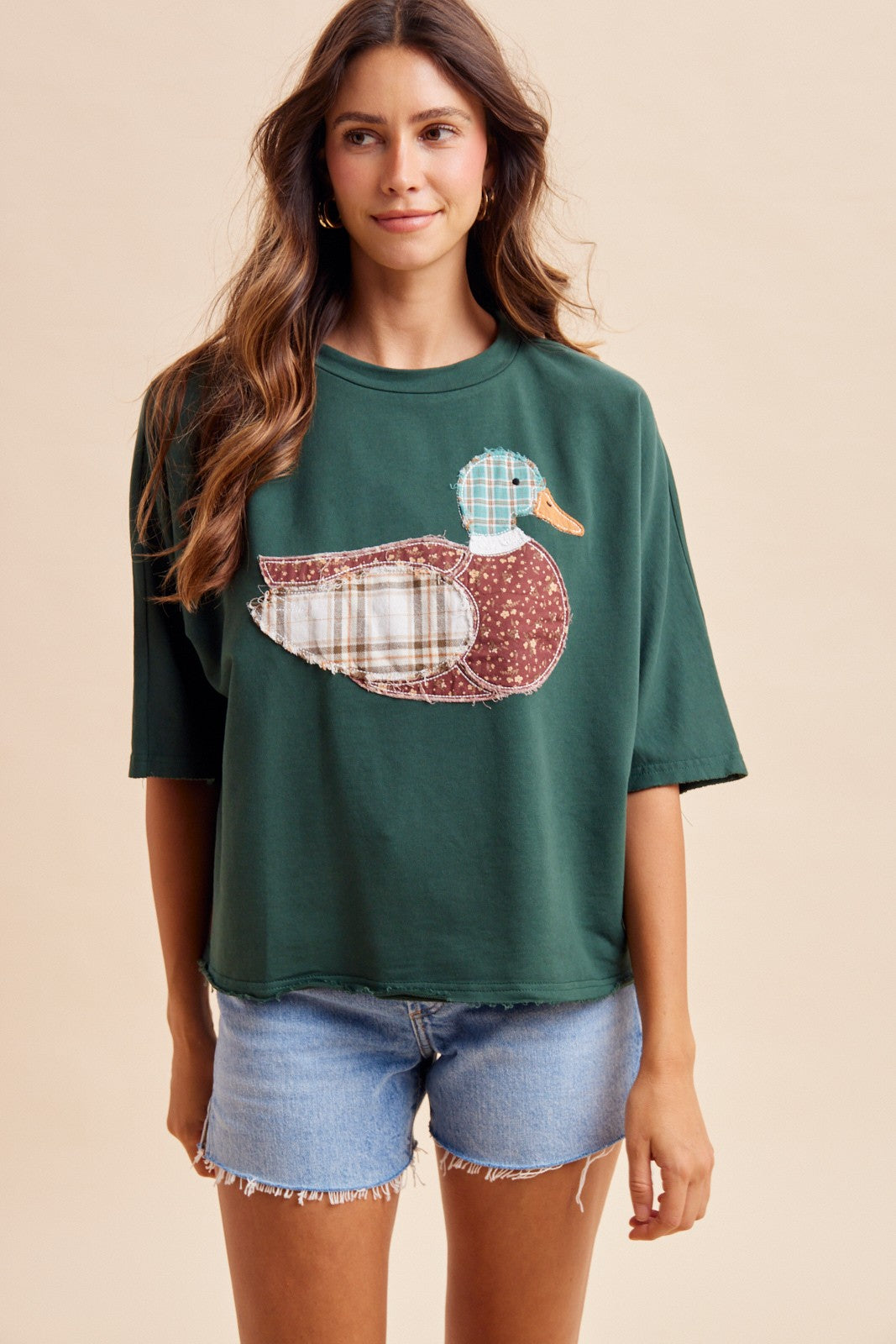 ANNIEWEAR Women's Top Mallard Duck Patchwork Dolman Sleeve Knit Top
