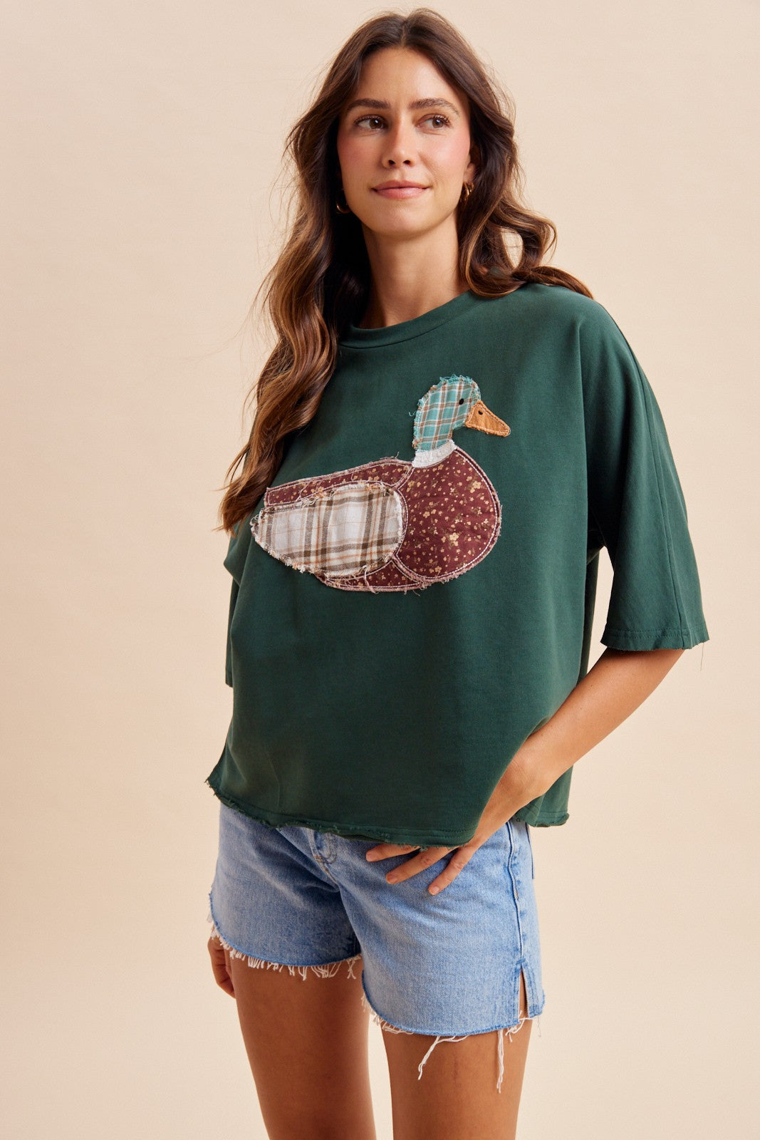 ANNIEWEAR Women's Top Mallard Duck Patchwork Dolman Sleeve Knit Top