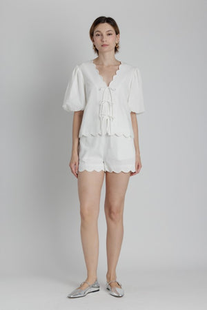 AUREUM Women's Top Scallop Hem Blouse W/ Ties