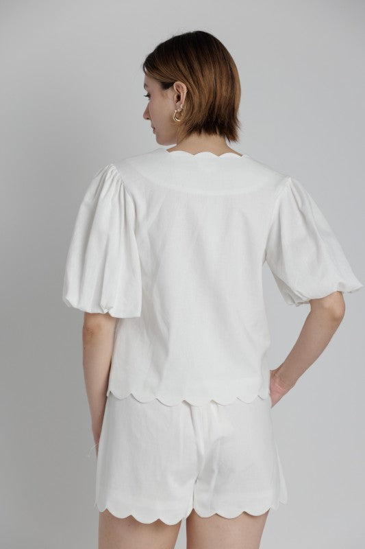 AUREUM Women's Top Scallop Hem Blouse W/ Ties