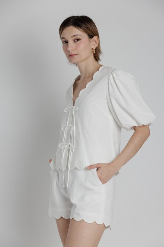 AUREUM Women's Top Scallop Hem Blouse W/ Ties