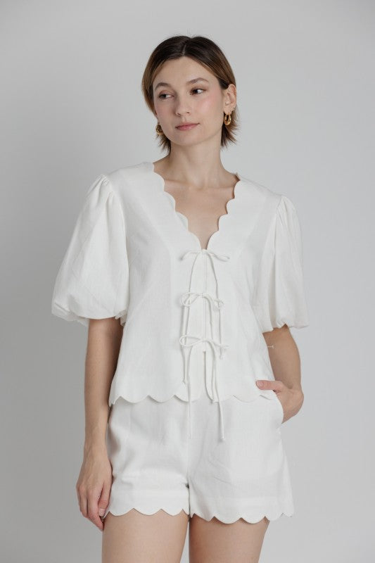 AUREUM Women's Top Scallop Hem Blouse W/ Ties