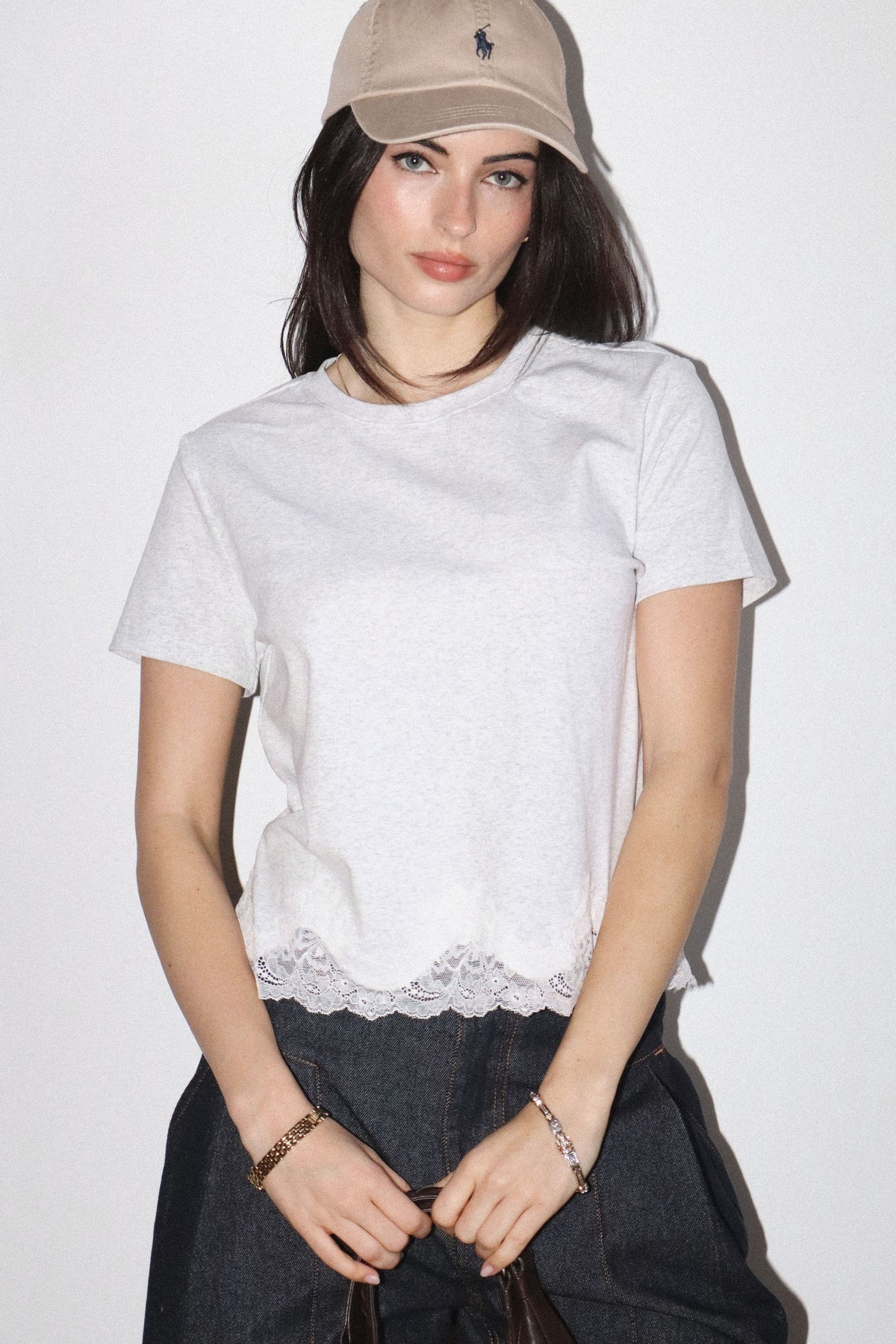 BAILEY ROSE Women's Top Lace Trim Short Sleeve Tee