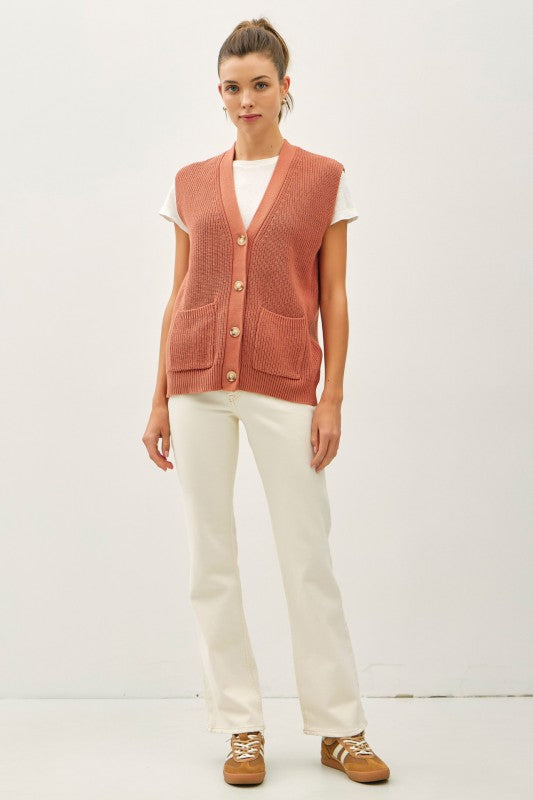 Be Cool LA Women's Sweaters TERRACOT / S Varsity Style Button Up Sweater Vest With Pockets || David's Clothing 65074