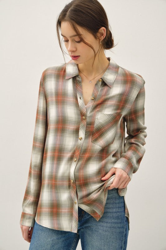 Be Cool LA Women's Top OLIVE / S Robertson Plaid Longsleeve Button Up Shirt Olive 19719