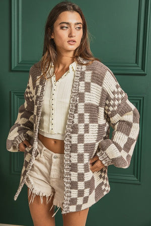 BIBI DEE COR Women's Sweaters Mixed Check Pattern Loose Fit Chunky Cardigan || David's Clothing