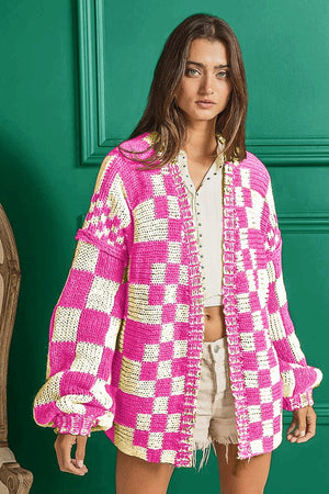 BIBI DEE COR Women's Sweaters NEON PIN / S Mixed Check Pattern Loose Fit Chunky Cardigan || David's Clothing IP6171G-01