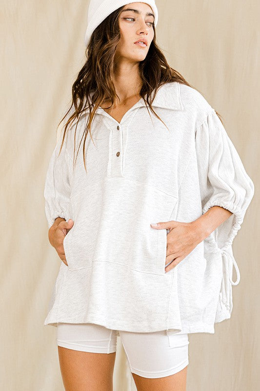 BUCKET LIST Women's Sweaters Oversized Drawstring Tie Sleeves Detail Solid Top || David's Clothing