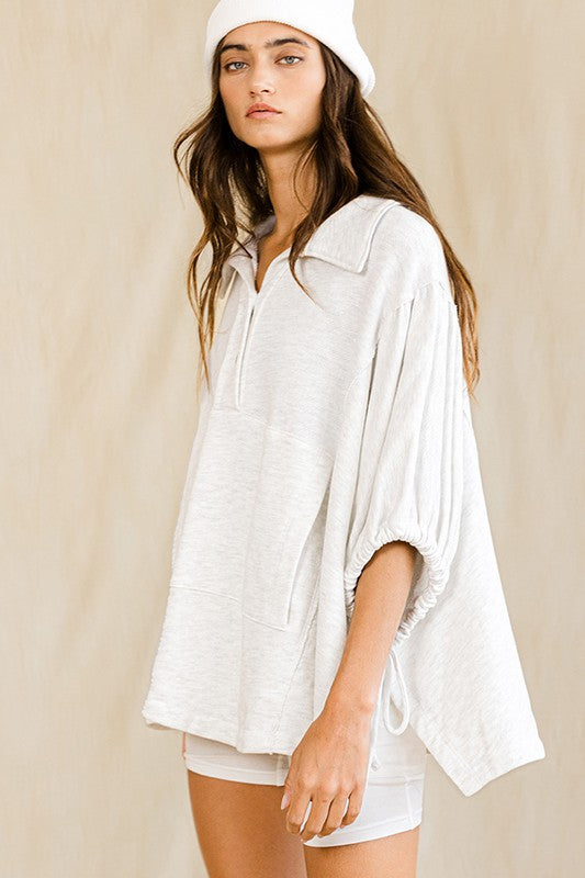 BUCKET LIST Women's Sweaters Oversized Drawstring Tie Sleeves Detail Solid Top || David's Clothing