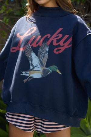 BUCKET LIST Women's Sweatshirt Lucky Mallard Graphic Reversible Mock-neck Sweatshirt