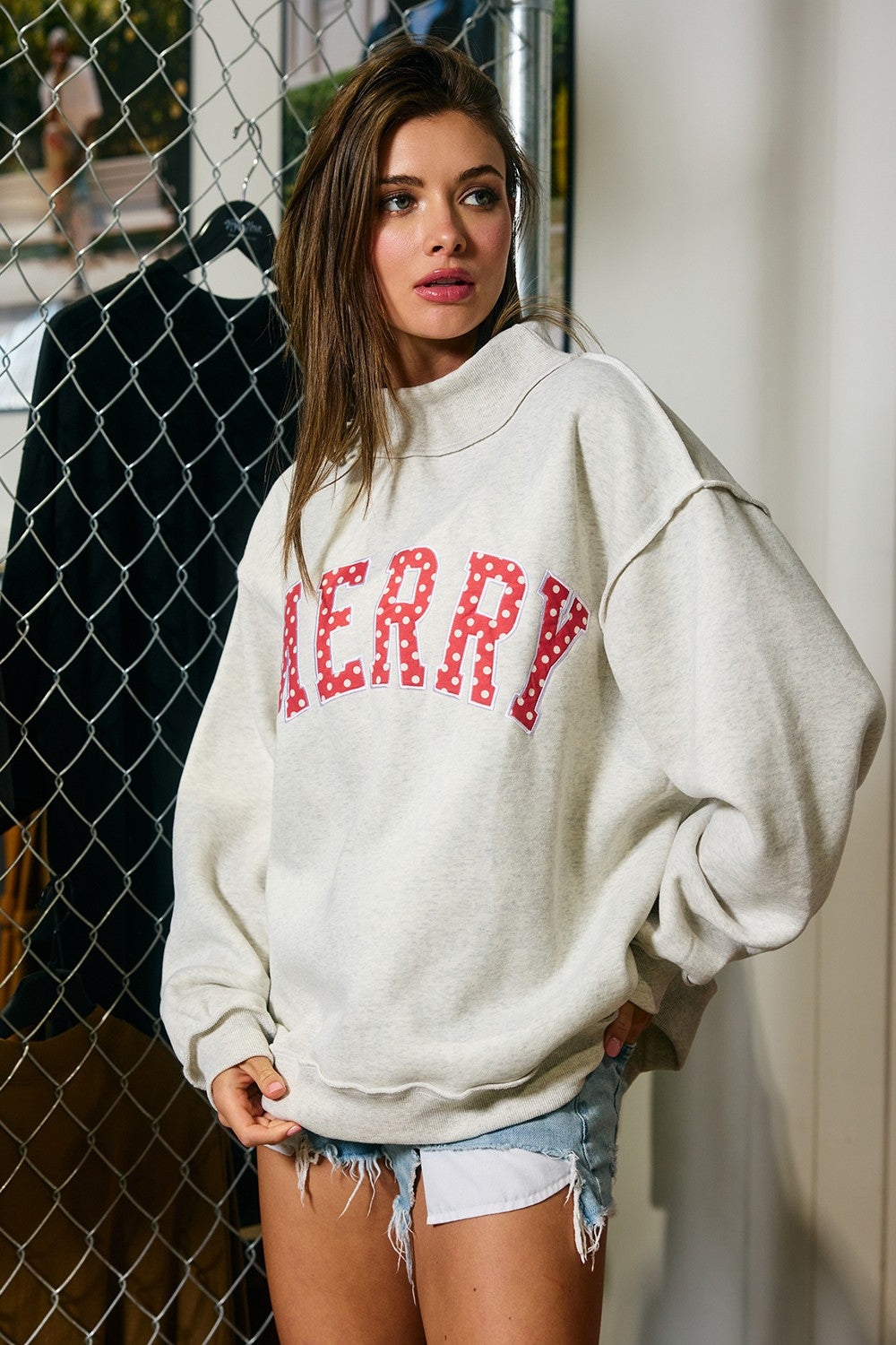 BUCKET LIST Women's Sweatshirt MERRY Polka Dot Varsity Mock Neck Sweatshirt