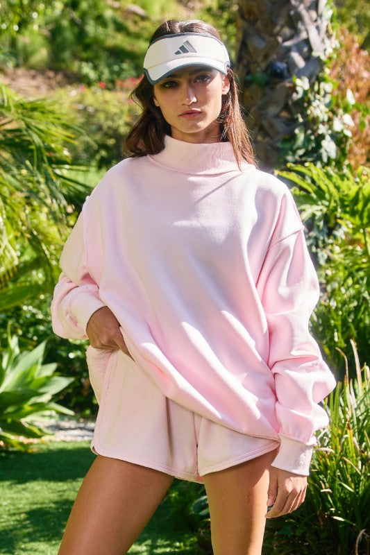 BUCKET LIST Women's Sweatshirt S/M / PINK Solid Reversible Mock Neck Sweatshirt Top IT2594BLANK