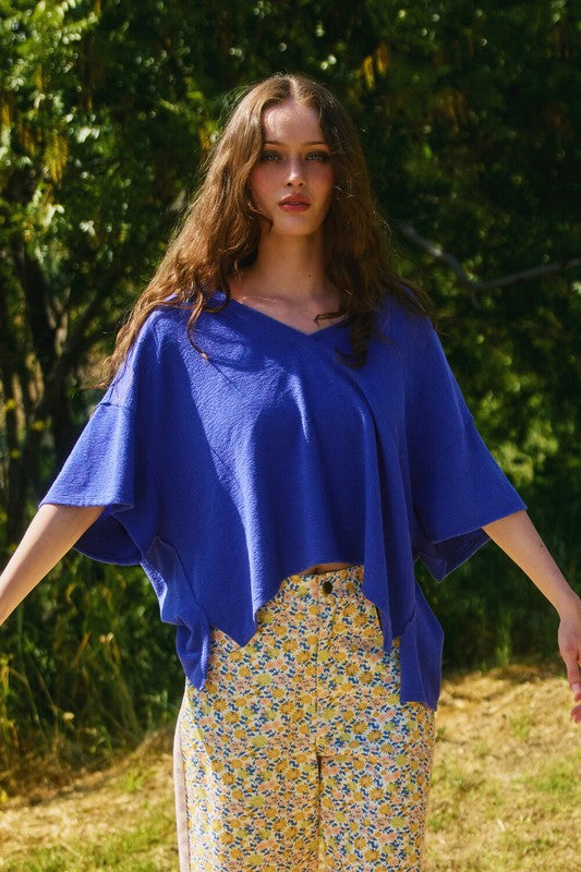 BUCKET LIST Women's Top BLUE / S V-neck Oversized Solid Knit Top || David's Clothing T1722D