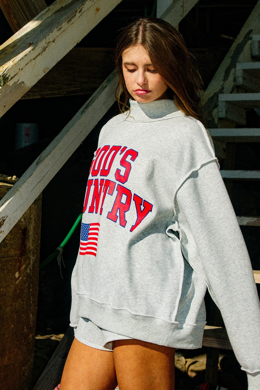 BUCKET LIST Women's Top God's Country Reversible Mock-neck Sweatshirt