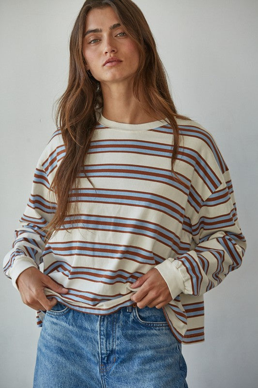BY TOGETHER YOU AND I Women's Top BLUE CAMEL / S Knit Cotton Multicolor Stripe Crew Neck Long Sleeve Top L8681BC