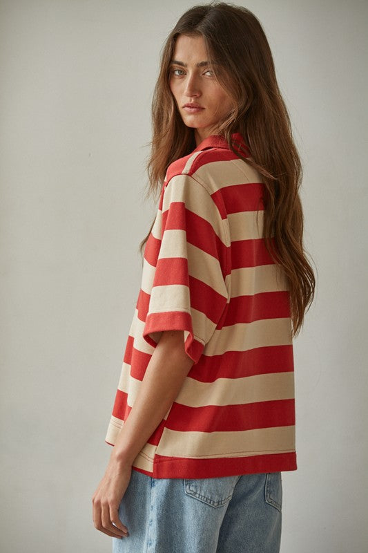 BY TOGETHER YOU AND I Women's Top Bold Striped Rugby Tee