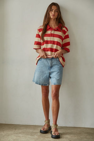 BY TOGETHER YOU AND I Women's Top Bold Striped Rugby Tee