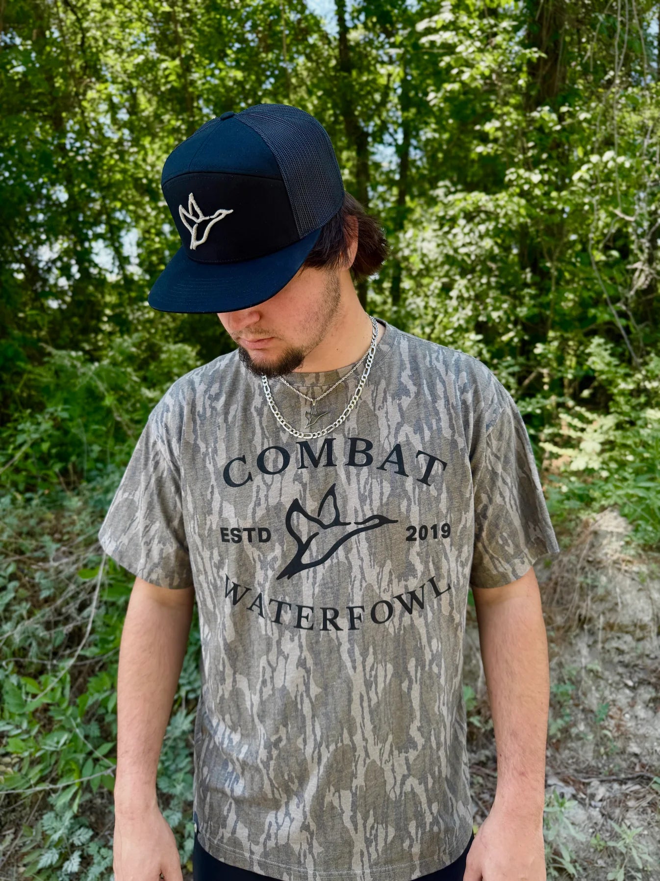 COMBAT WATERFOWL Men's Tees Combat Waterfowl Mossy Oak Bottomland Washed Out Vintage Logo Tee