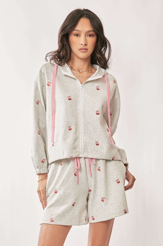 DAVI & DANI Women's Loungewear Ribbon Heart Embroidery Zip Up Hoodie Set || David's Clothing