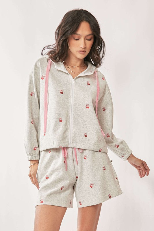 DAVI & DANI Women's Loungewear Ribbon Heart Embroidery Zip Up Hoodie Set || David's Clothing