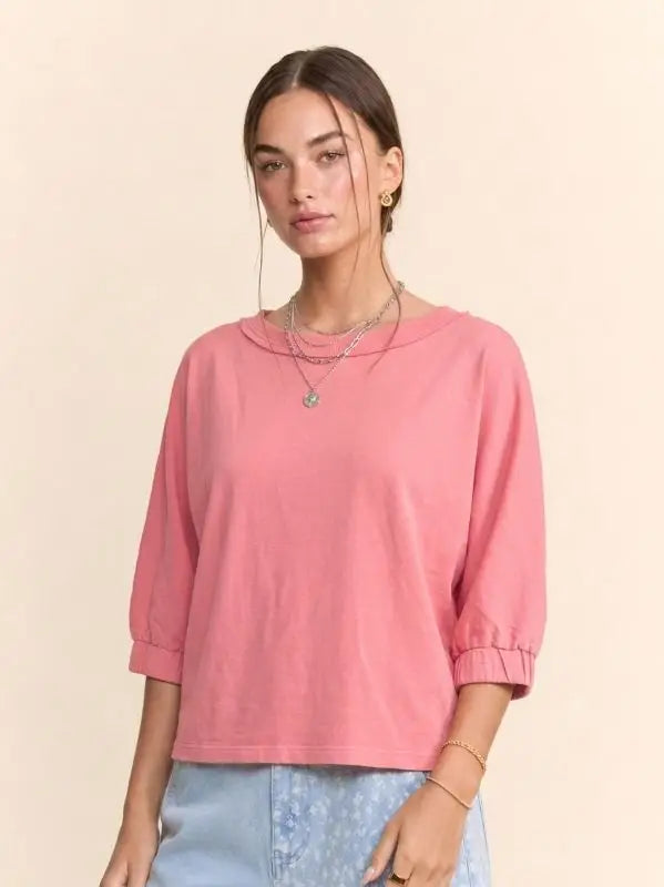 DAVI & DANI Women's Top Raw Edge Boat Neck Puff Sleeve Knit Top