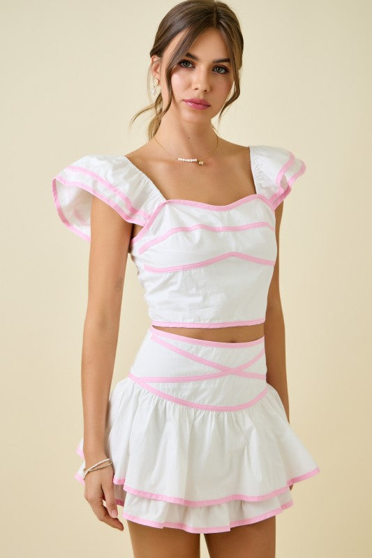 DAY + MOON Women's Top Crop Top W/ Ruffle Sleeves & Contrast Bindings