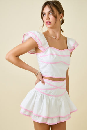 DAY + MOON Women's Top Crop Top W/ Ruffle Sleeves & Contrast Bindings