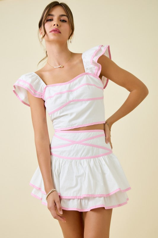 DAY + MOON Women's Top Crop Top W/ Ruffle Sleeves & Contrast Bindings