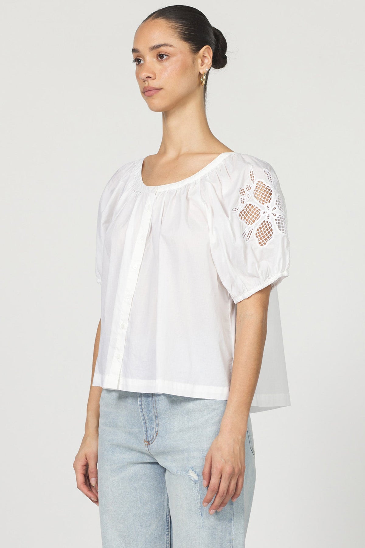 DEAR JOHN DENIM Women's Top Dear John Emiline Puff Sleeve Button-Up Laser Cut Embroidery || David's Clothing
