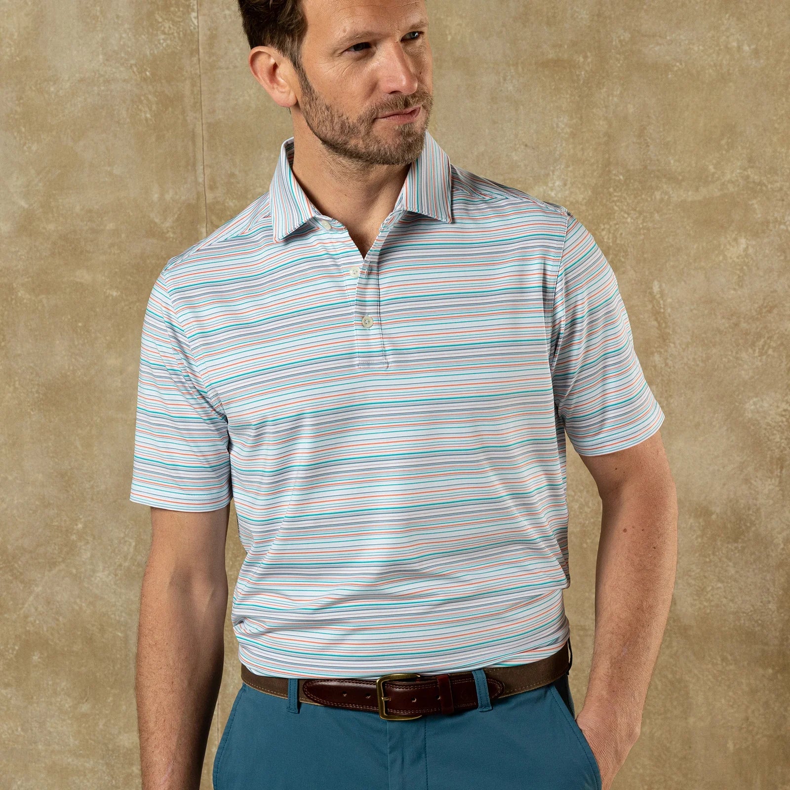 DUCK HEAD Men's Polo Duck Head Long Drive Performance Polo Neil Stripe
