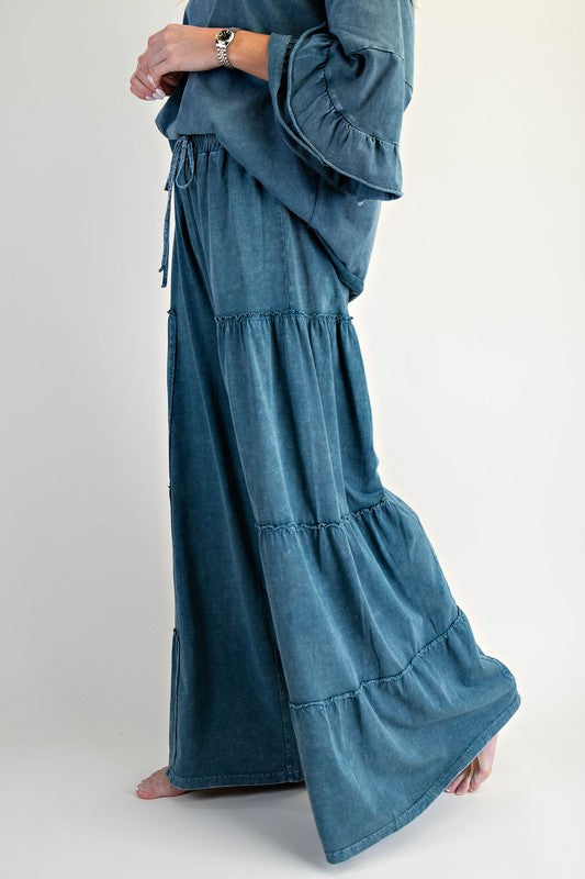 EASEL Women's Pants TEAL / S Mineral Washed Tiered Pants || David's Clothing EB56000