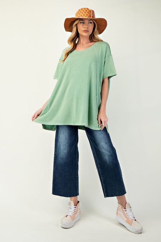 EASEL Women's Top APPLE GR / S Mineral Washed Oversized Top || David's Clothing ET25597