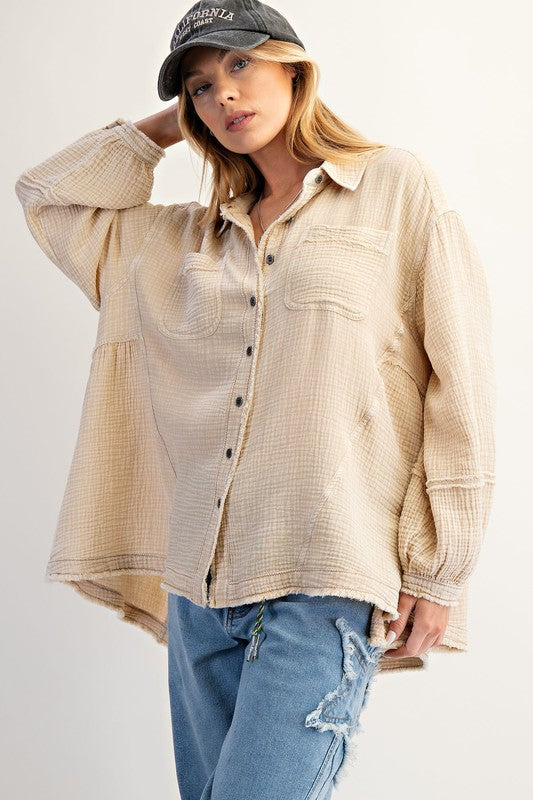 EASEL Women's Top Button Down Washed Cotton Gauze Shirt || David's Clothing