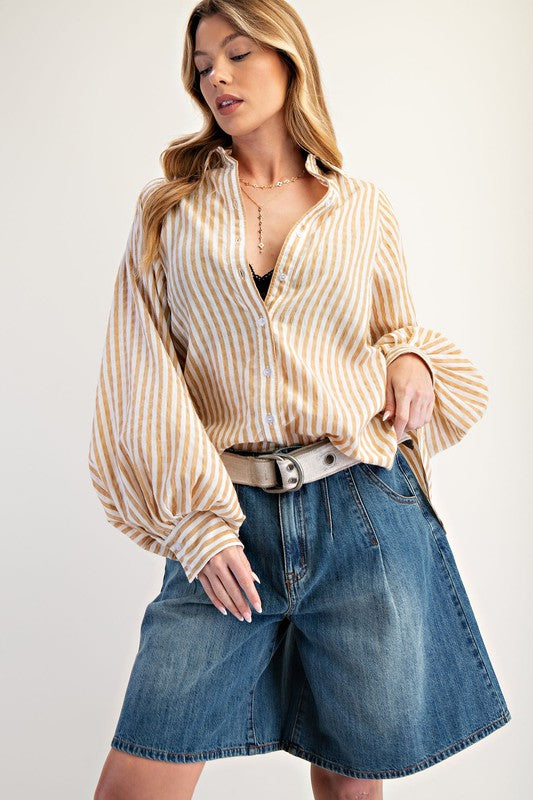 EASEL Women's Top CAMEL / S Striped Button Down Loose Fit Shirt || David's Clothing ET27906