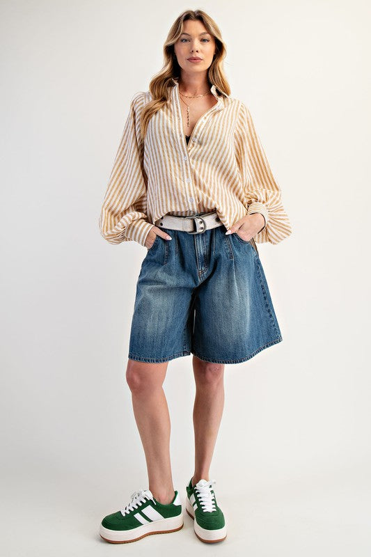 EASEL Women's Top CAMEL / S Striped Button Down Loose Fit Shirt || David's Clothing ET27906