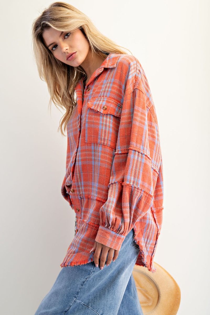 EASEL Women's Top Washed Plaid Shirt Tunic || David's Clothing