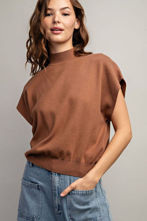 ee:some Women's Top COCOA / S Mock Neck Short Sleeve Top || David's Clothing SG8414
