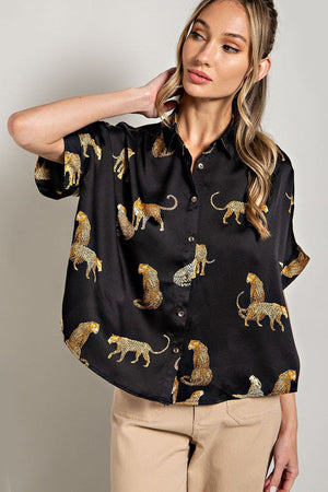 ee:some Women's Top Leopard Print Button Down Top || David's Clothing