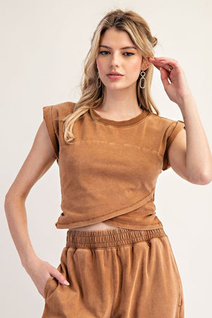 ee:some Women's Top Mineral Washed Short Sleeve Wrap Top || David's Clothing