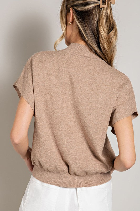 ee:some Women's Top OATMEAL / S Mock Neck Short Sleeve Top || David's Clothing SG8414