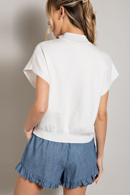 ee:some Women's Top OFFWHITE / S Mock Neck Short Sleeve Top || David's Clothing SG8414