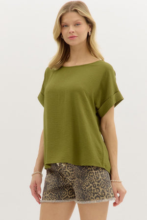 ENTRO INC 22-Women's Woven Top 7-SS/CUFF CREW NECK